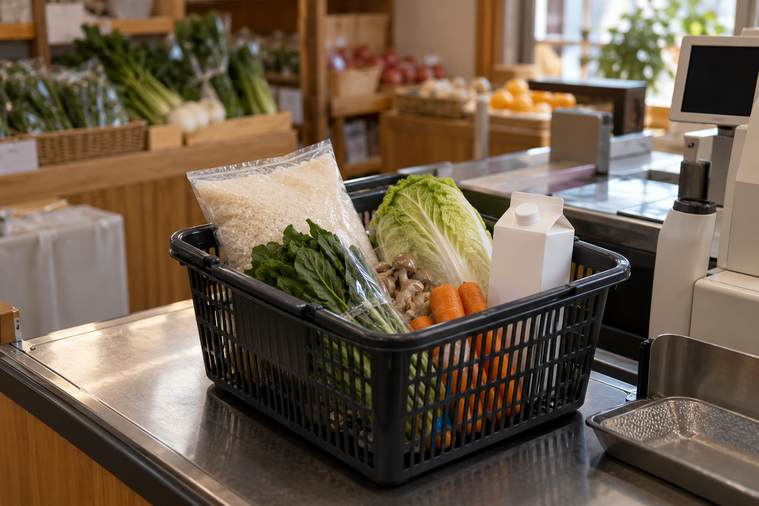 가격표 없는 일본풍 식료품 계산대의 쌀과 채소 바구니
